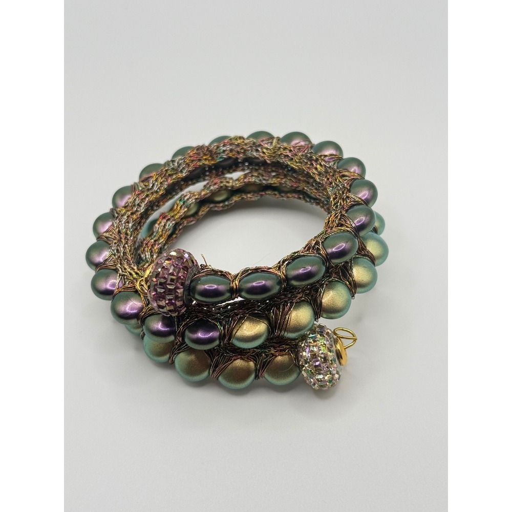 Iridescent Peacock Pearl Wrap Bracelet Woven Mesh‎ Crystal Accents Purple Green
